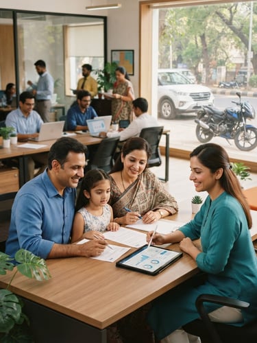 A modern, well-lit Indian insurance office with diverse professionals, a family discussing policies, and subtle digital interfaces, a car and bike visible in the background, warm natural daylight, soft depth of field, 35mm, portrait orientation.