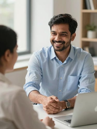 A successful Indian insurance agent smiling and shaking hands with a client in a local business setting, professional and trustworthy, warm natural daylight, soft depth of field, 35mm, portrait orientation.
