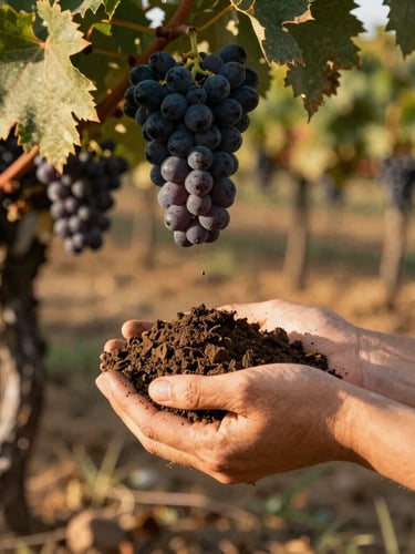 Hands holding rich clay soil and dark grape clusters in a sun-dappled Sonoma vineyard, warm editorial photography, golden-hour light, shallow depth of field