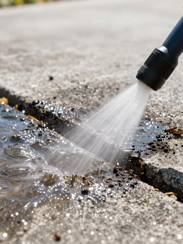 Extreme close-up of high-pressure water blasting away dark mold on a concrete driveway, bright Florida sunlight, sparkling water beads, 35mm lens