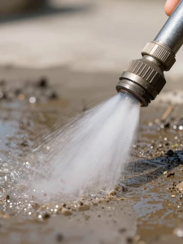 Extreme close-up of a high-pressure water nozzle blasting a dirty surface, clinical lighting, water vapor, sharp focus, 35mm lens