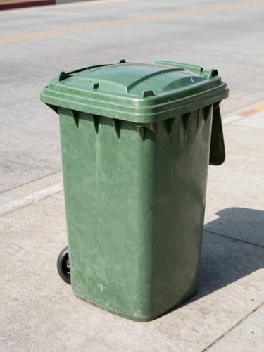 A clean, sanitized green trash bin sitting on a spotless concrete pad, sparkling clean, bright direct sunlight, no pests