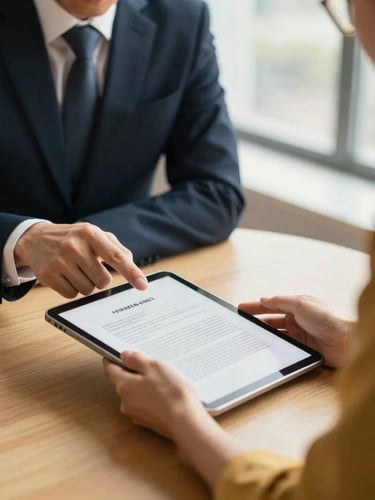 Professional collaborative meeting in a modern office, two people reviewing legal documents on a tablet, natural window light, deep navy and warm gold tones, shallow depth of field, focused on interaction.