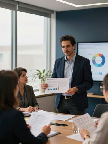 Rubén Darío Rodríguez Murcia en una reunión colaborativa con clientes, mostrando documentos y gráficos en una pantalla, con luz natural de ventana. Ambiente de oficina moderno y profesional.