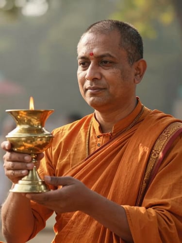 Serene portrait of a qualified Vedic priest in traditional saffron attire, holding a sacred brass vessel, warm natural morning light, shallow depth of field