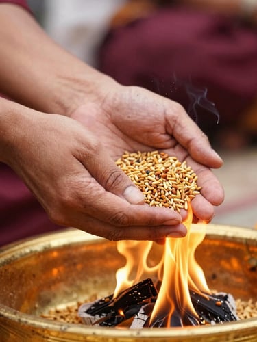 Close-up of hands offering grains into a sacred golden fire, warm embers, shallow depth of field, traditional Vedic ritual setting.