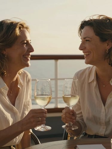 Warm, candid medium shot of two midlife women laughing over glasses of white wine on a sunlit ship deck, soft golden hour lighting, relaxed atmosphere.