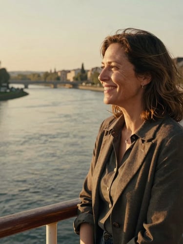 A midlife woman with soft laughter lines, looking out over a sunlit European river bend from a ship deck, warm golden hour light, candid medium shot, editorial feel.