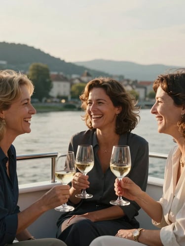 Candid medium shot of three midlife women laughing over glasses of white wine on a sunny riverboat deck, warm golden hour light, soft focus background of European hills.