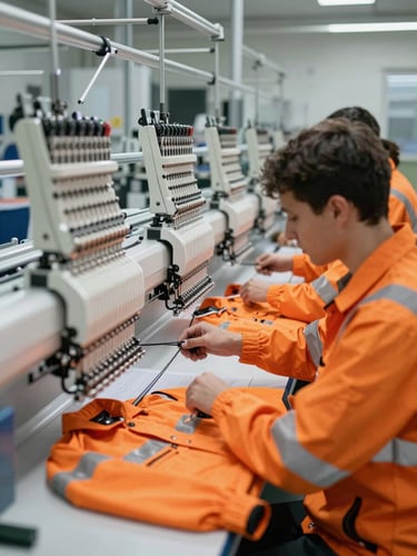 A row of multi-head computer embroidery machines working in unison on high-visibility orange workwear jackets, precise mechanical movement, clean factory floor.