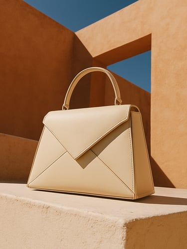 Low-angle architectural shot of a sharp, cream-colored geometric leather handbag resting on a sun-baked white plaster ledge under harsh midday sun, casting a long, crisp shadow, warm Mediterranean light, 35mm