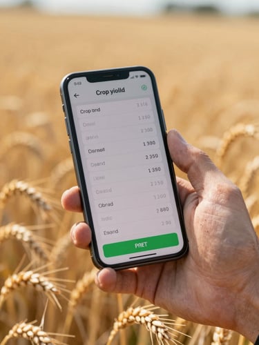 Close-up of a weathered hand holding an Android phone in a grain field at midday, screen showing a crop-yield logging interface with large numeric input fields and a green submit button, shallow depth of field with golden grain stalks blurred behind, natural bright daylight on the screen