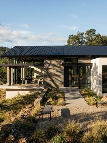 Wide-angle architectural exterior of a modern minimalist home with a matte black metal roof under sharp afternoon sunlight, deep shadows, slate tones, panels sitting completely flush