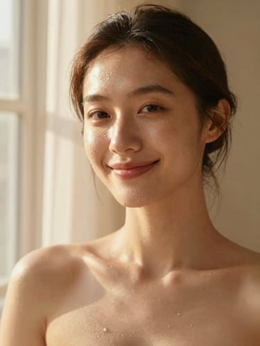 A warm, intimate portrait of a woman with natural, unretouched dewy skin, smiling softly in morning window light