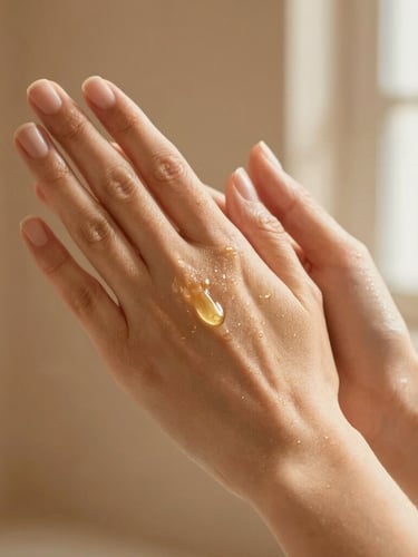 Close-up of hands gently pressing a golden face oil onto clean, dewy skin, warm morning light, shallow depth of field
