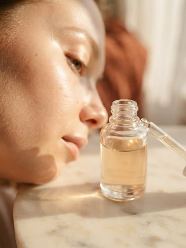Close-up of clean, dewy skin with soft golden-hour window light reflecting off a glass dropper bottle on sunlit marble, warm cream tones, shallow depth of field