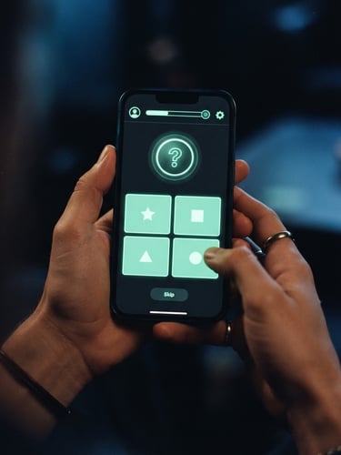 A high-fidelity mobile app mockup displaying a sleek, dark-themed trivia interface with vivid mint green accents, held in hands under moody, soft ambient screen glow, 35mm.