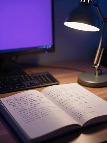 Moody editorial photograph of a modern workspace with a lit desk lamp, open notebooks with handwritten trivia drafts, and a subtle electric violet screen glow in the background, 35mm