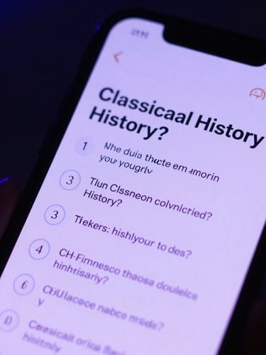 A close-up macro shot of a smartphone screen displaying a beautifully formatted trivia question about classical history, soft purple screen glow illuminating a hand, dark ambient background