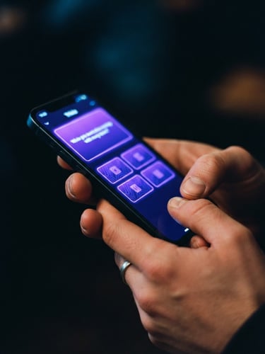 Close-up macro shot of hands holding a smartphone displaying a clean trivia interface with electric violet accents, soft ambient screen glow, moody dark background, 35mm
