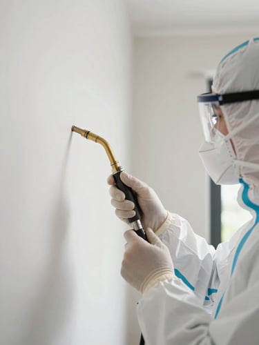 Close-up of a professional technician in a white protective suit and mask, holding a precise brass nozzle, inspecting a clean residential wall under bright daylight.