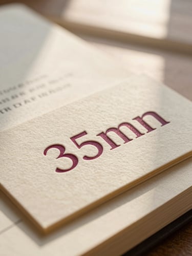 Close-up macro shot of debossed warm ivory business cards with deep plum typography, soft gold gilded edges, resting on a linen notebook under diffused window light, 35mm