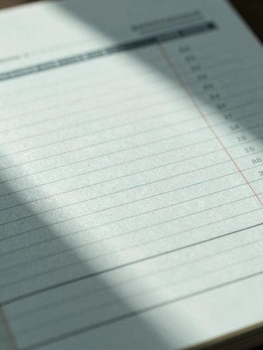 Macro detail shot of a vintage printed financial ledger with sharp shadows, cool overcast daylight, 35mm