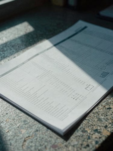 Close-up of printed financial reports on a heavy stone desk, cool-toned ambient daylight, sharp architectural shadows, 35mm