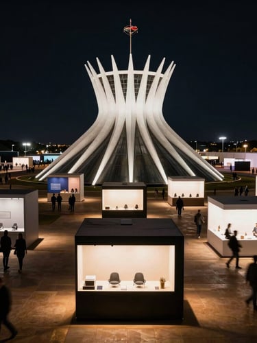 Wide-angle architectural photograph of a monumental exhibition pavilion in Brasília, dramatic stage lighting casting long shadows, modern geometric booth structures, subtle motion blur of attendees walking, high-contrast professional production.
