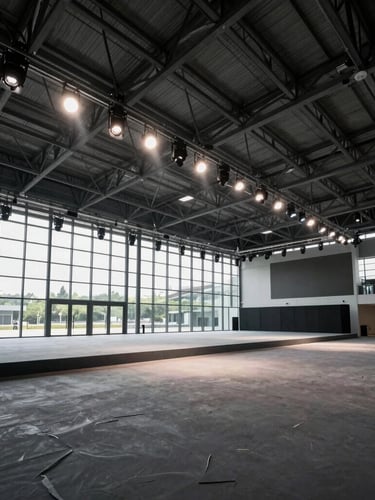 Wide-angle architectural event photography, dramatic venue lighting, high-contrast corporate tones, empty modern pavilion with steel structure and glass facade, ready for assembly, daylight pouring in.