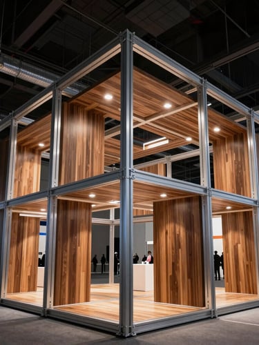 Close-up of a sophisticated modern exhibition stand structure, metallic frames and high-end wood paneling, architectural lighting, professional setup