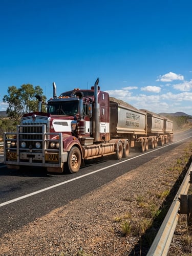 Low-angle wide-shot of a massive multi-combination truck on a regional Queensland highway, bright Australian daylight, rich saturated tones.