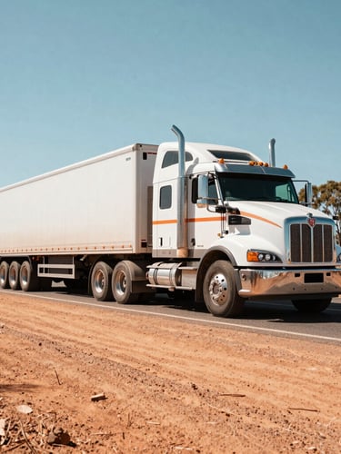 Low-angle wide-shot of a modern Kenworth multi-combination truck parked on a dusty Queensland highway shoulder, bright Australian daylight, rich saturated tones.