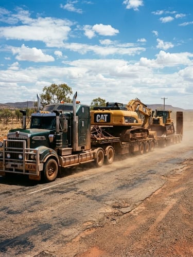 Low-angle wide shot of a modern multi-combination semi-truck hauling heavy industrial equipment on a dusty highway under bright Queensland daylight, 35mm photography