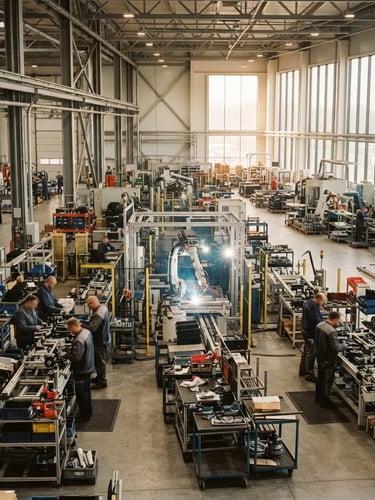 Wide panoramic shot of a bustling, modern manufacturing floor with machinery and workers, warm natural light, rich desaturated tones, medium format film style. Focus on the dynamic environment, not specific faces.