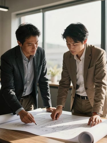 Warm environmental portrait of an advisor and a business owner discussing plans over blueprints in a sunlit office, natural ambient light, rich desaturated tones