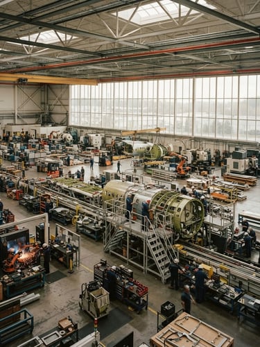 Wide panoramic view of a modern, active manufacturing floor, machinery running, natural light from large windows, rich desaturated tones, medium format film style. Focus on scale and activity.