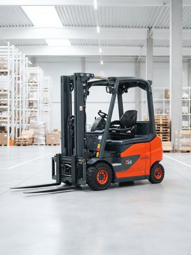 Stationary electric counterbalance forklift in a bright high-key warehouse, clean concrete floor, sharp focus, 35mm lens