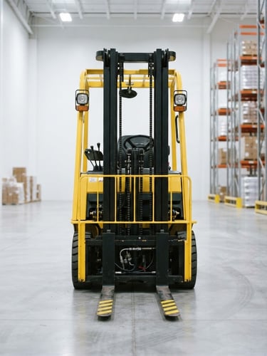 Low-angle hero shot of a stationary high-visibility yellow electric counterbalance forklift parked inside a bright, modern, high-key lit warehouse, sharp focus, 35mm lens