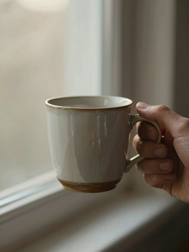 Close-up detail of a hand holding a warm ceramic mug, soft morning light filtering through a window, quiet negative space.