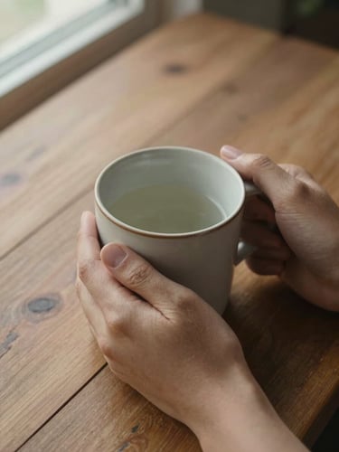 Close-up top-down shot of hands holding a warm ceramic mug on a rustic wooden table. Soft, diffused morning light filtering through a window, creating gentle shadows. Calm, quiet atmosphere.
