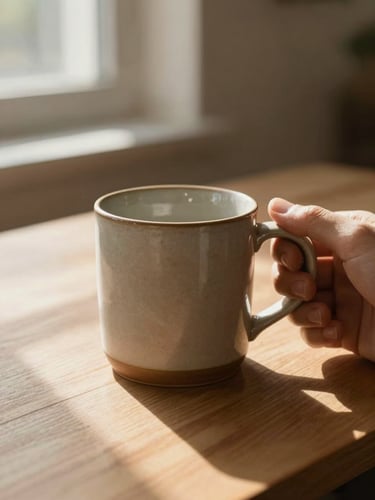 A close-up of a hand holding a warm, textured ceramic mug, soft morning light filtering through a window, casting gentle shadows on a clean wooden table.