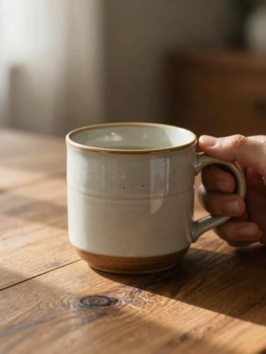 A hand holding a warm ceramic mug on a rustic wooden table, soft morning light, shallow depth of field.