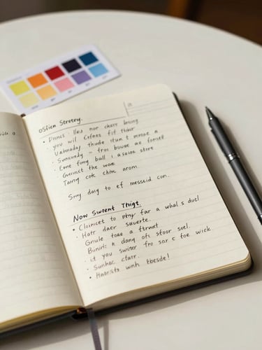 Close overhead shot of an open notebook on a pale cream desk, handwritten content strategy notes visible with ink annotations, a single color swatch card and a mechanical pencil resting beside it, north-facing diffused daylight, no shadows