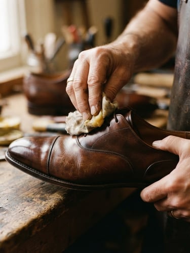 Close-up of master artisan hands applying natural wax to a premium brown leather oxford shoe, warm directional side-lighting highlighting the rich leather texture, shallow depth of field, 35mm film style