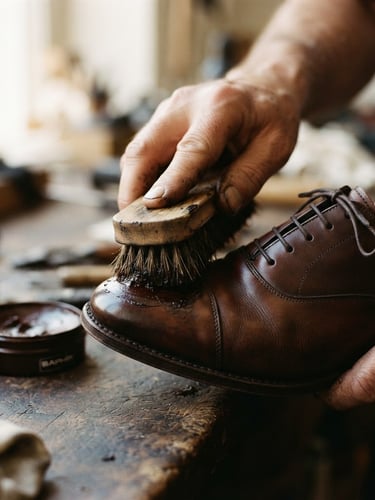 Macro shot of a master shoeshiner's hands applying rich dark wax to a premium leather oxford shoe with a horsehair brush, warm side-lighting highlighting the leather grain, shallow depth of field, 35mm film style