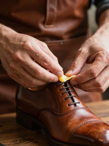 Macro shot of craftsman's hands in leather apron meticulously applying natural wax to a premium brown leather dress shoe, soft directional side-light, warm atmosphere, 35mm film style.