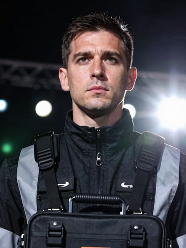 Close-up portrait of a medic in black high-vis event gear, focused expression, advanced medical kit visible, dramatic stage lighting spill, high-contrast, 35mm lens.