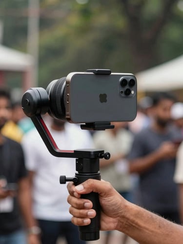 Dynamic close-up of a creator holding an iPhone on a professional gimbal, bright natural outdoor light, capturing a high-energy street dance event in Bengaluru.