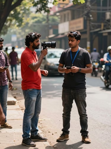 Vertical 9:16 frame showing behind-the-scenes energy of a fast-paced commercial shoot on a sunny street in Bangalore, vibrant colors